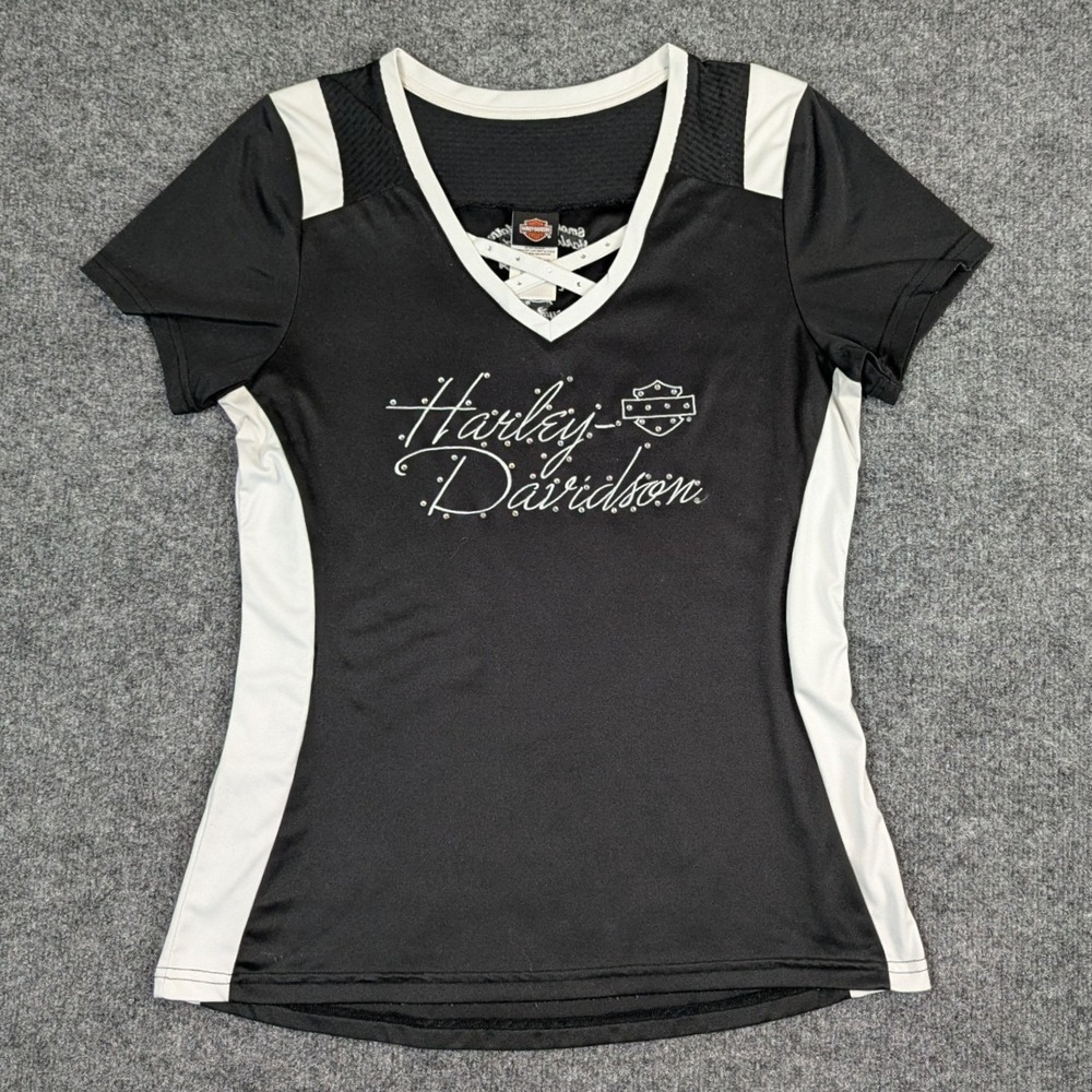 Harley-Davidson Womens Black White Rhinestone Lace Up Smoky Mountain Shirt Large